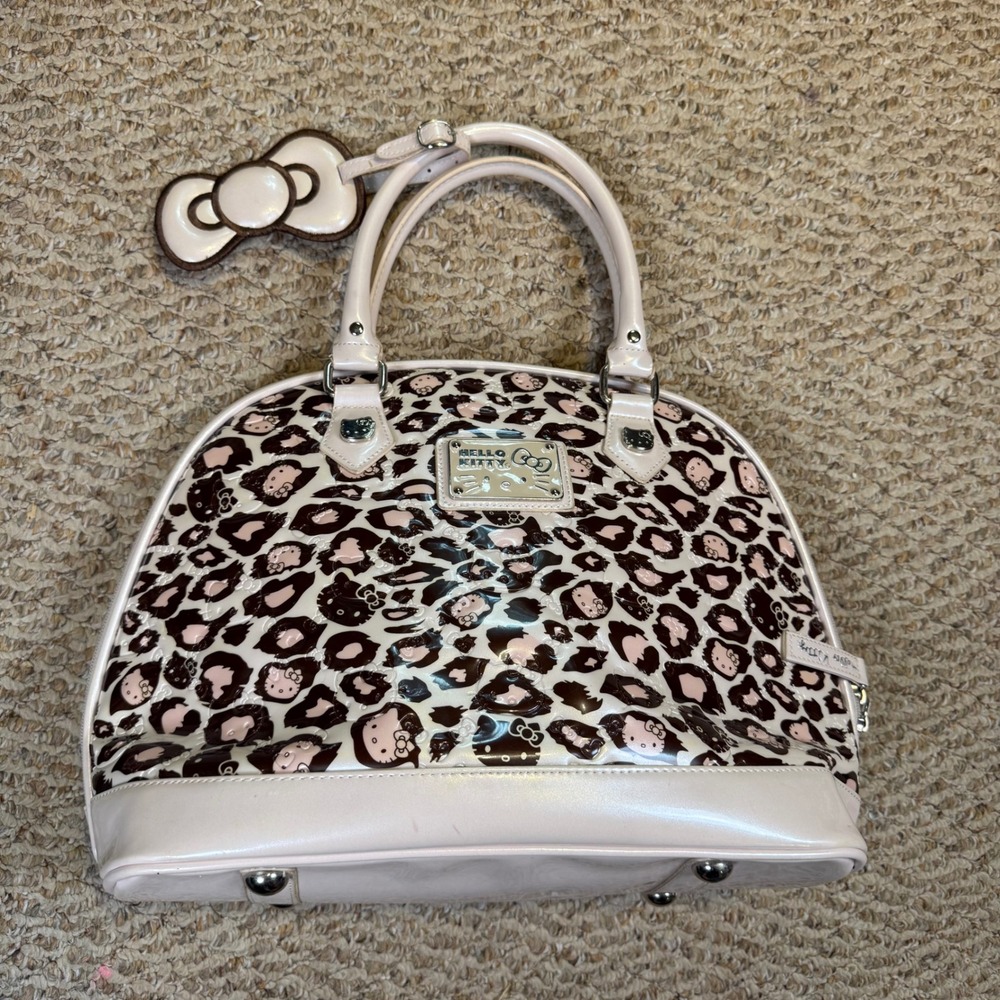 Hello Kitty Sanrio Leopard Print Patent Dome Satchel Handbag Light Pink Brown